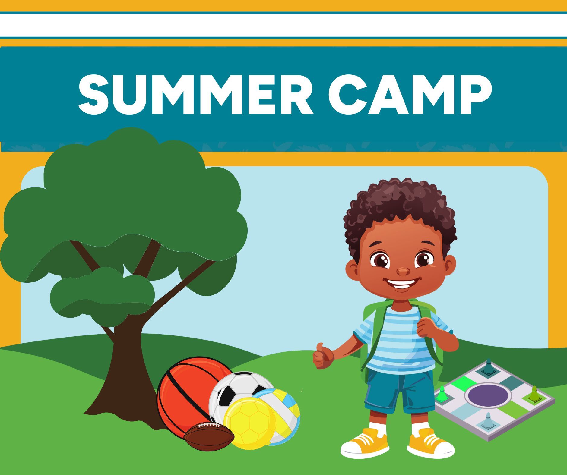 Image of a little boy with a backpack in a park with sports equipment and a boardgame