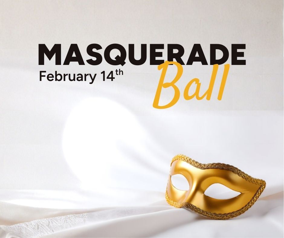 A golden masquerade mask against white fabric with Masquerade Ball written above it